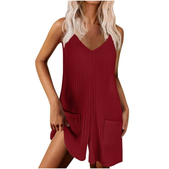 ABATAB Womens Romper Ribbed Sleeveless V Neck Spaghetti Strap Jumpsuit Backless Wide Leg Overalls with Pockets