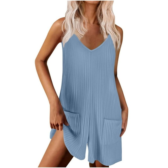 ABATAB Womens Romper Ribbed Sleeveless V Neck Spaghetti Strap Jumpsuit Backless Wide Leg Overalls with Pockets