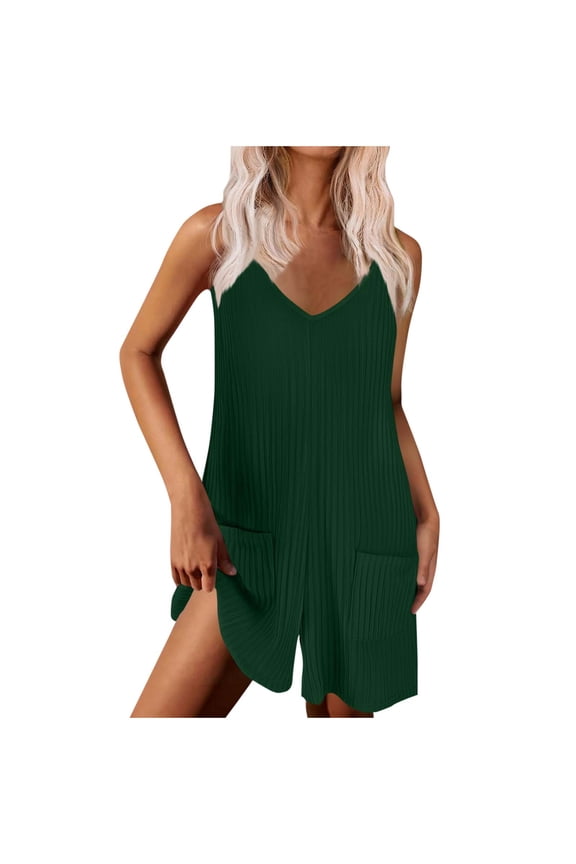 Womens Romper Ribbed Sleeveless V Neck Spaghetti Strap Jumpsuit Backless Wide Leg Overalls with Pockets