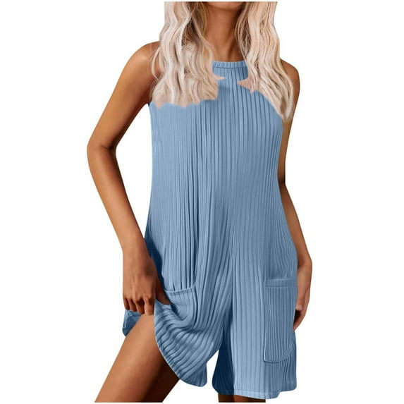 ABATAB Womens Romper for Summer Ribbed Casual Sleeveless Crewneck Jumpsuit Backless Wide Leg Overalls Shorts with Pockets