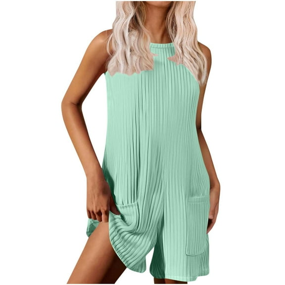 ABATAB Womens Romper for Summer Ribbed Casual Sleeveless Crewneck Jumpsuit Backless Wide Leg Overalls Shorts with Pockets