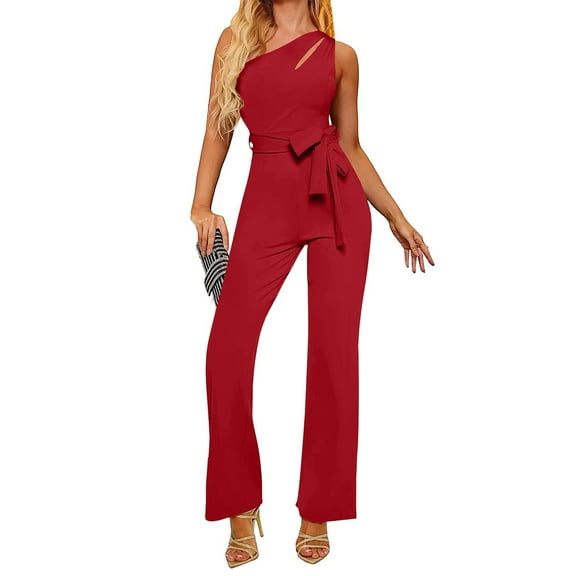 ABATAB Womens Rompers for Summer One Shoulder Elegant Casual Work Jumpsuits Sleeveless Wide Leg Baggy Long Pant Stylish Outfits