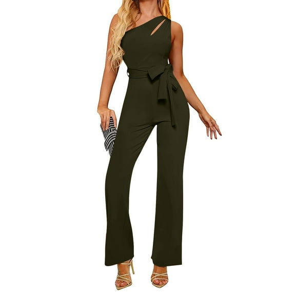 ABATAB Womens Rompers for Summer One Shoulder Elegant Casual Work Jumpsuits Sleeveless Wide Leg Baggy Long Pant Stylish Outfits