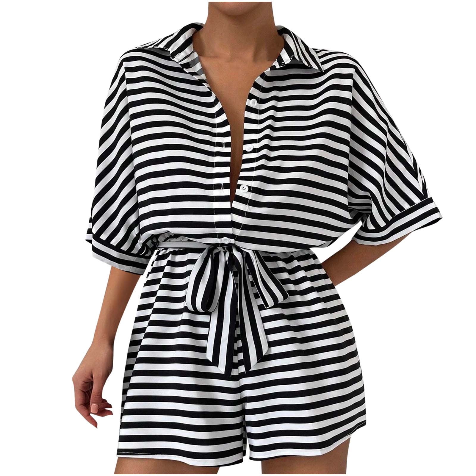 Womens Rompers for Summer Striped Button Front Tops Half Sleeve Belted Shorts Wide Leg Loose Jumpsuit