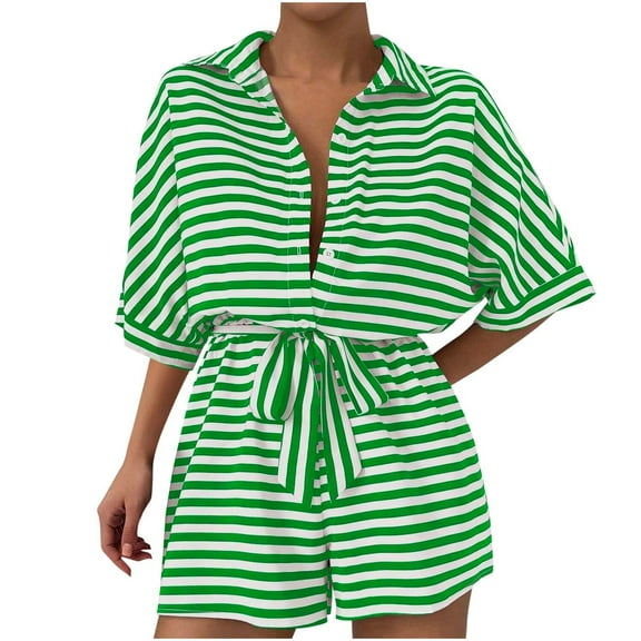 ABATAB Womens Rompers for Summer Striped Button Front Tops Half Sleeve Belted Shorts Wide Leg Loose Jumpsuit