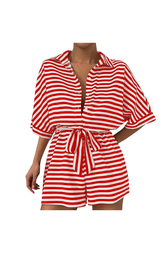 Womens Rompers for Summer Striped Button Front Tops Half Sleeve Belted Shorts Wide Leg Loose Jumpsuit