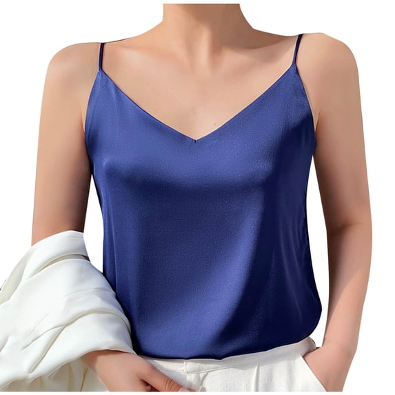 ABATAB Womens Satin Tank Tops V Neck Spaghetti Strap Cami Tanks Thin Soft Sleeveless T-Shirts Breathable Summer Clothes