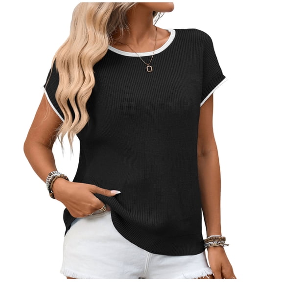 ABATAB Womens Short Sleeve Shirts Spring Summer Crewneck Pullover Knit Pullover Tops Casual Lightweight Clothes