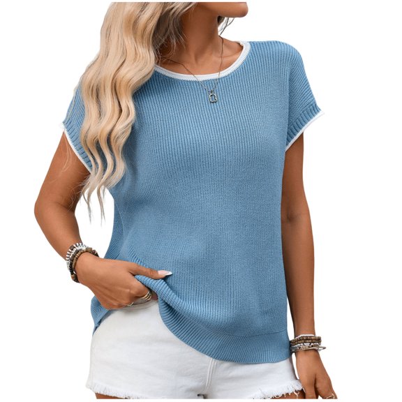 ABATAB Womens Short Sleeve Shirts Spring Summer Crewneck Pullover Knit Pullover Tops Casual Lightweight Clothes