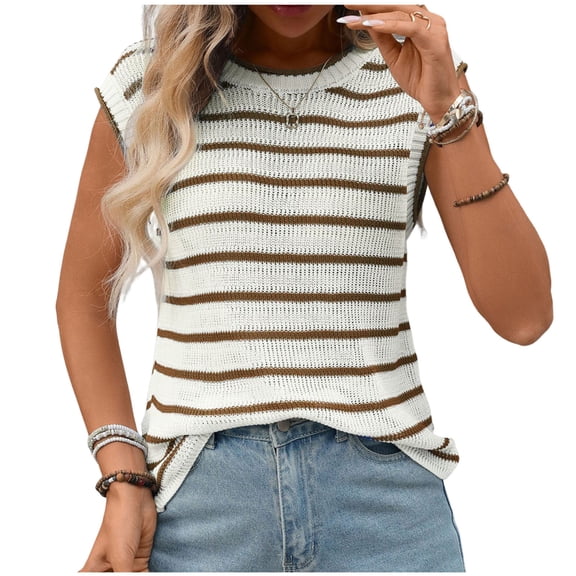 ABATAB Womens Short Sleeve Sweater Spring Summer Crewneck Striped Pullover Casual Fashion Cap Sleeve Knit Vest Tops Clothes