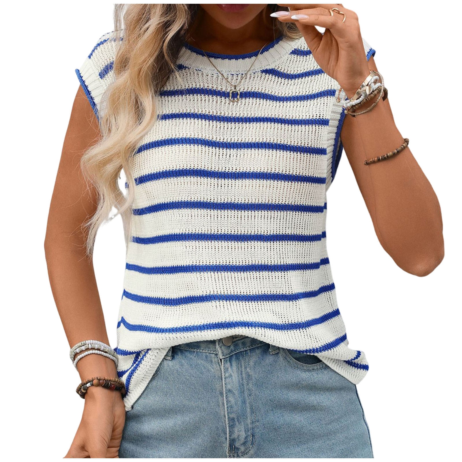 Womens Short Sleeve Sweater Spring Summer Crewneck Striped Pullover Casual Fashion Cap Sleeve Knit Vest Tops Clothes