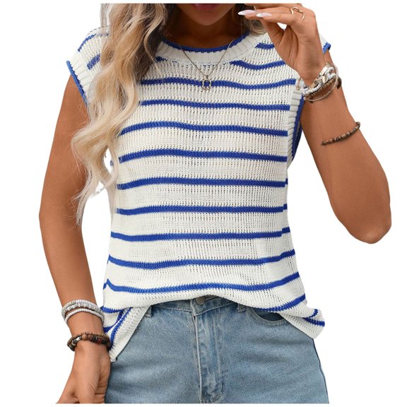 ABATAB Womens Short Sleeve Sweater Spring Summer Crewneck Striped Pullover Casual Fashion Cap Sleeve Knit Vest Tops Clothes