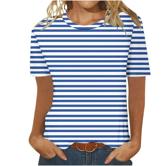 ABATAB Womens Short Sleeve Tops Trendy Striped Basic Loose Fit Tee Color Block Crewneck Summer Casual T Shirts