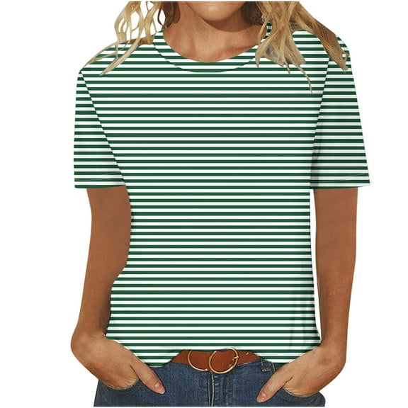 ABATAB Womens Short Sleeve Tops Trendy Striped Basic Loose Fit Tee Color Block Crewneck Summer Casual T Shirts