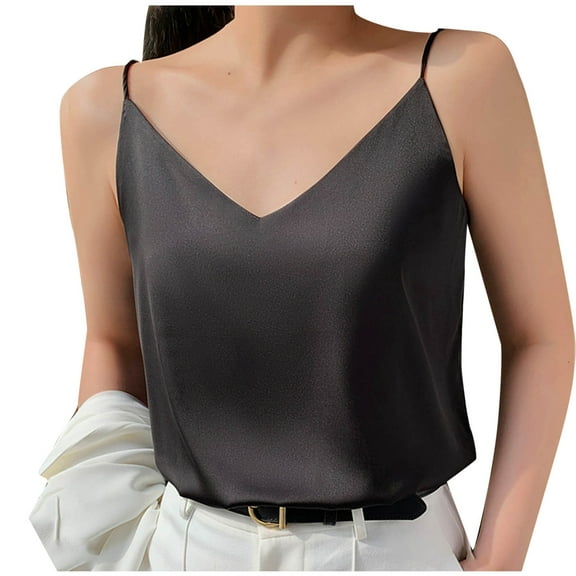 ABATAB Womens Silk Satin Tank Tops V Neck Camisole Spaghetti Strap Top Casual Summer Trendy Cami T-Shirt