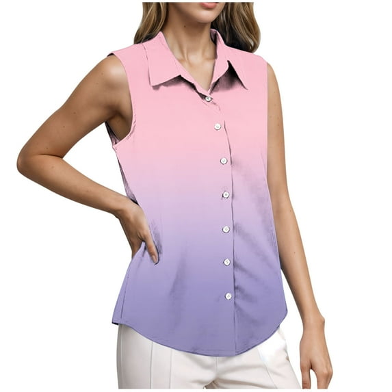 ABATAB Womens Sleeveless Button Down Shirt Tops Gradient Print Casual Business Collared Blouses Tank Top