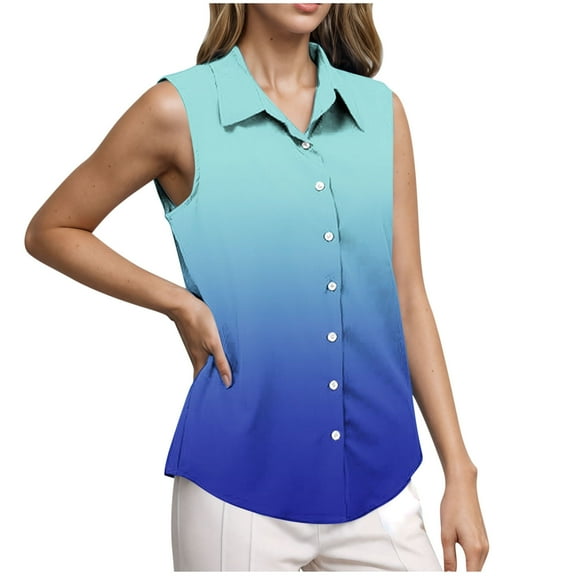 ABATAB Womens Sleeveless Button Down Shirt Tops Gradient Print Casual Business Collared Blouses Tank Top