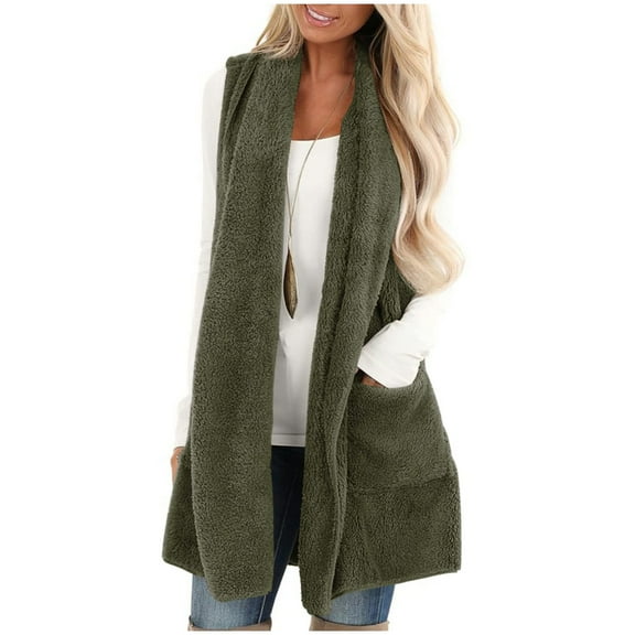 ABATAB Womens Sleeveless Sherpa Lined Vests with Pockets Shawl Neck Open Front Fleece Long Cardigan Jackets Fuzzy Warm Duster Outwear(X-Large,Army Green)