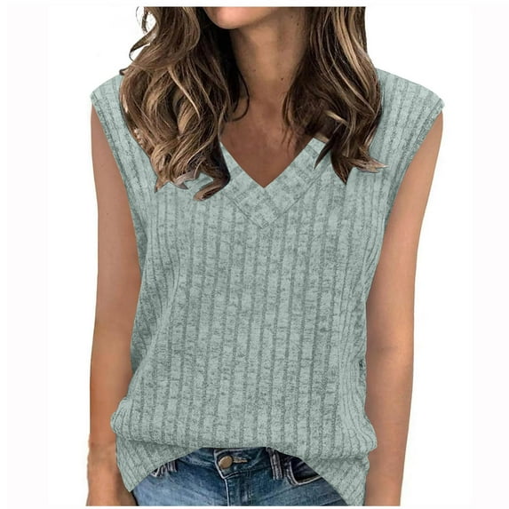 ABATAB Womens Sleeveless Tank Tops Ribbed Knit V Neck Sweater Loose Fit Solid Casual Summer Tee