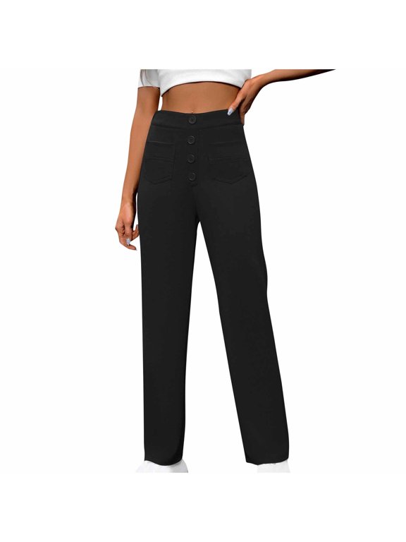 Womens Stretchy Work Pants Button down Business Casual Dress Pants with Pockets High Waisted Straight Leg Office Trousers