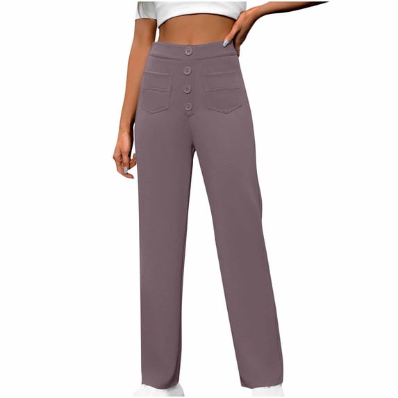 ABATAB Womens Stretchy Work Pants Button down Business Casual Dress Pants with Pockets High Waisted Straight Leg Office Trousers
