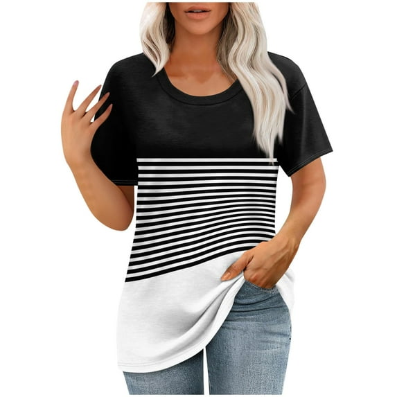 ABATAB Womens Striped Shirt Short Sleeve Crew Neck Tunic Tops Casual Loose Fit Fasion Summer Basic Tee Blouses