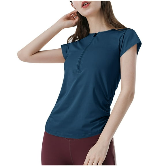 ABATAB Womens Summer Cap Sleeve T-Shirts Casual Loose Fit Tunic Tops Crew Neck Half Zip Fashion Tee Shirts Outfits