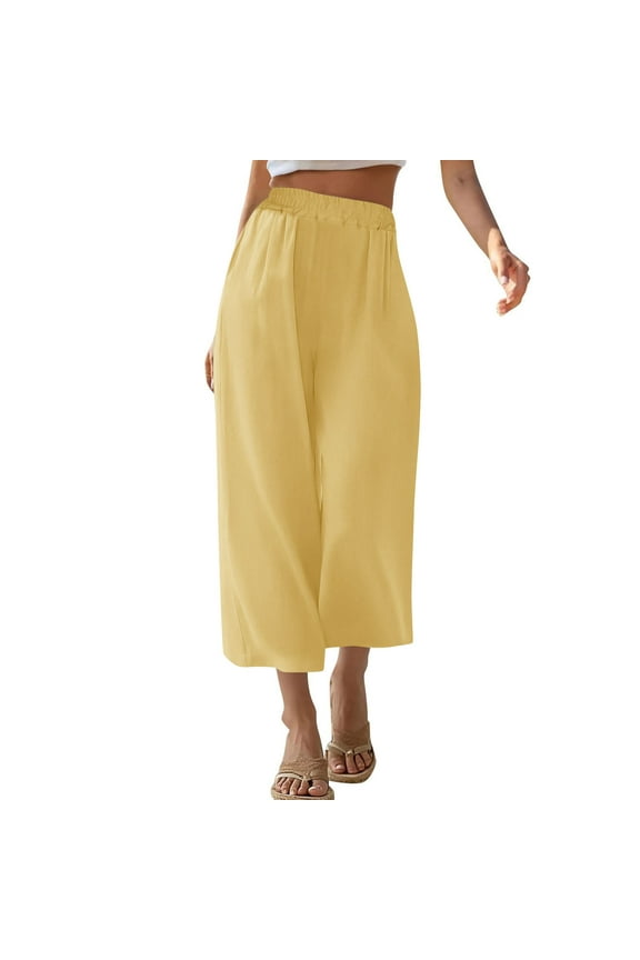 Womens Summer Capri Pants Flowy High Waisted Loose Capris Casual Lounge Wide Leg Palazzo Crop Pants with Pockets