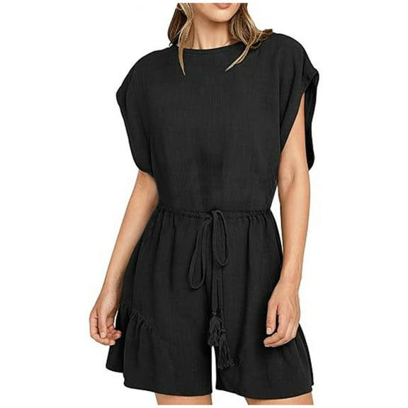 ABATAB Womens Summer Casual Romper Cotton Linen Crewneck Loose Fit Overalls Drawstring Beach Jumpsuit with Pockets