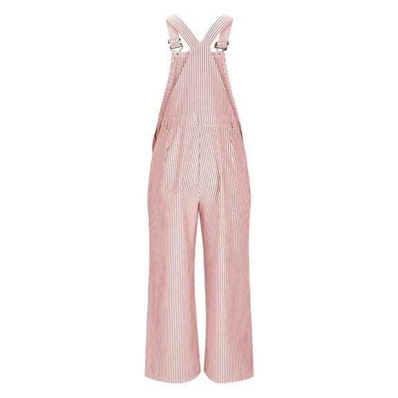 ABATAB Womens Summer Casual Romper Sleeveless Loose Striped Overalls Wide Leg Long Pants Jumpsuit with Pockets Clothes