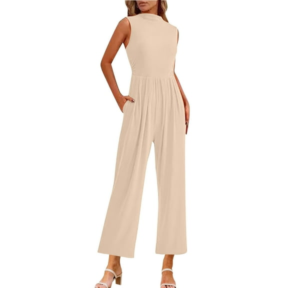 ABATAB Womens Summer Jumpsuits Sleeveless Dressy Casual Rompers One Piece Wide Leg Long Pants Outfits with Pockets