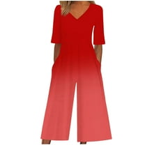 ABATAB Womens Summer Jumpsuits V Neck Half Sleeve Dressy Rompers Casual Gradient One Piece Wide Leg Outfits with Pockets