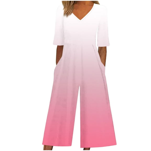 ABATAB Womens Summer Jumpsuits V Neck Half Sleeve Dressy Rompers Casual Gradient One Piece Wide Leg Outfits with Pockets