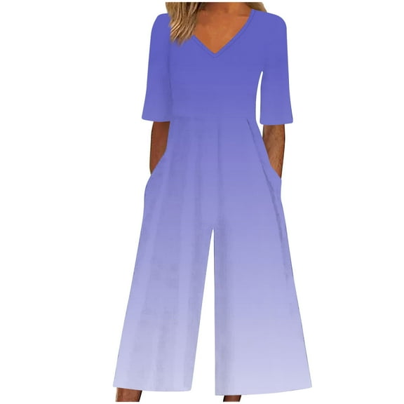 ABATAB Womens Summer Jumpsuits V Neck Half Sleeve Dressy Rompers Casual Gradient One Piece Wide Leg Outfits with Pockets