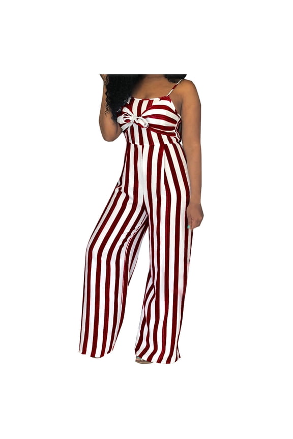 Womens Summer Jumpsuits Casual Loose Striped Rompers Sleeveless Wide Leg Stretchy Long Pants Jumpsuits with Pockets