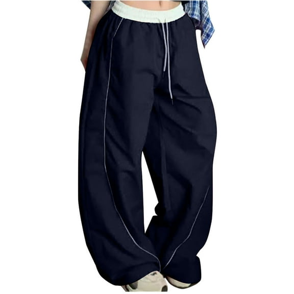 ABATAB Womens Summer Pants Wide Leg Baggy Workout Pants Drawstring Colorblock Elastic Waisted Athletic Gym Lounge Trousers