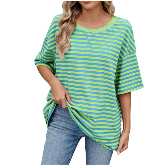 ABATAB Womens Summer Tops Striped Color Block Half Sleeve T-Shirts Crewneck Casual Loose Basic Dressy Tee Blouses