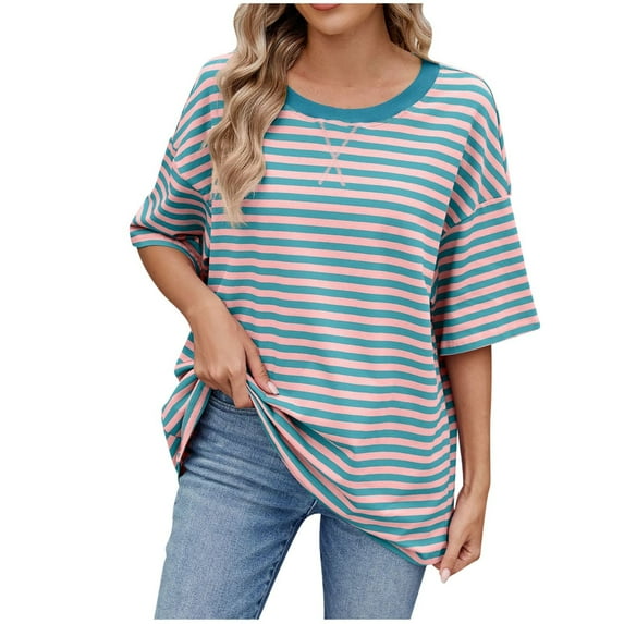 ABATAB Womens Summer Tops Striped Color Block Half Sleeve T-Shirts Crewneck Casual Loose Basic Dressy Tee Blouses