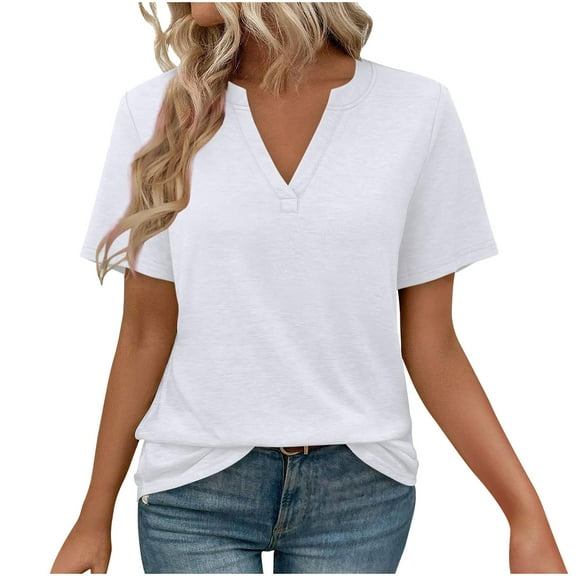 ABATAB Womens Summer Tops Short Sleeve V Neck T Shirts Spring Blouses Beach Vacation Basic Tee Clothes Outfits