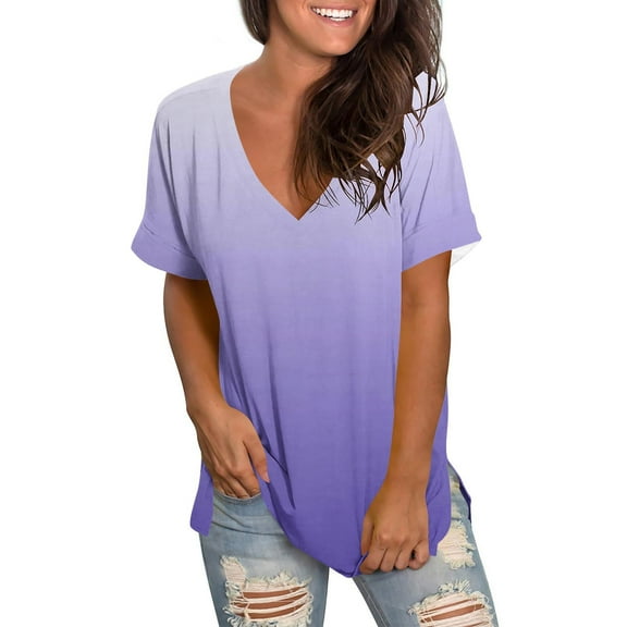 ABATAB Womens Summer Tops Trendy V Neck T Shirts Loose Gradient Color Casual Short Sleeve Fashion Clothes Outfits
