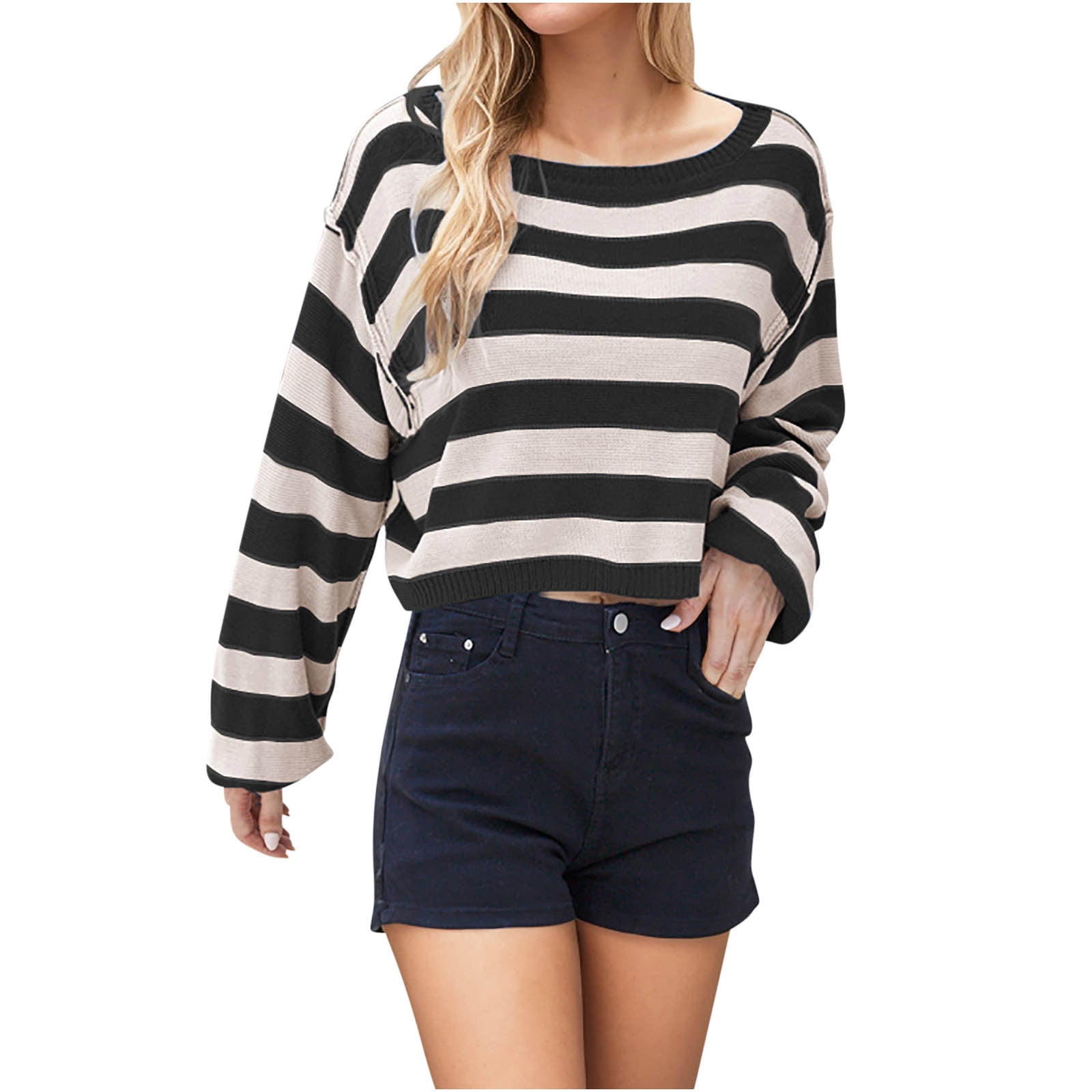 Womens Sweaters Casual Long Sleeve Crewneck Color Block Knit Top Lightweight Pullover Sweater Tops