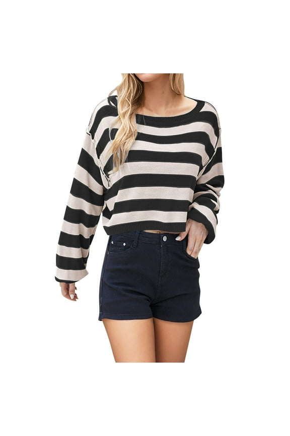 Womens Sweaters Casual Long Sleeve Crewneck Color Block Knit Top Lightweight Pullover Sweater Tops