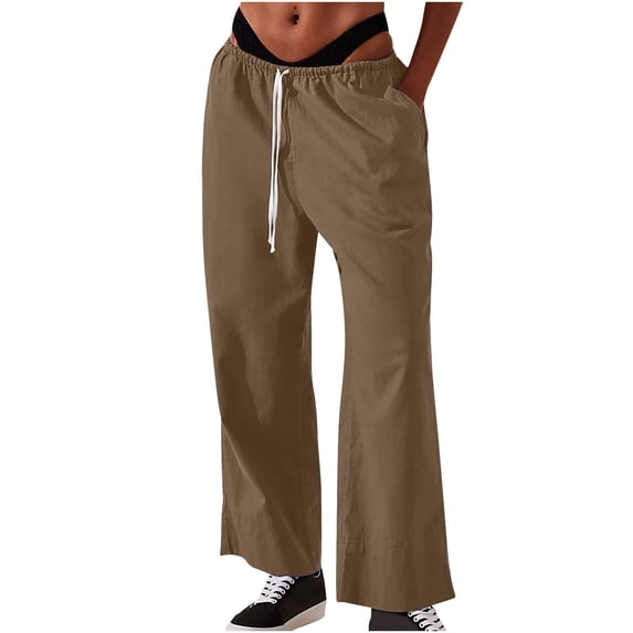 ABATAB Womens Sweatpants Wide Leg Casual Cotton Linen Trouser Low Waisted Loose Fit Lounge Comfy Pants
