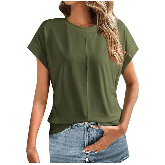 ABATAB Womens T-Shirt Casual Crew Neck Short Sleeve Side Shirring Blouses Clothes Solid Loose Fitted Fashion Tops