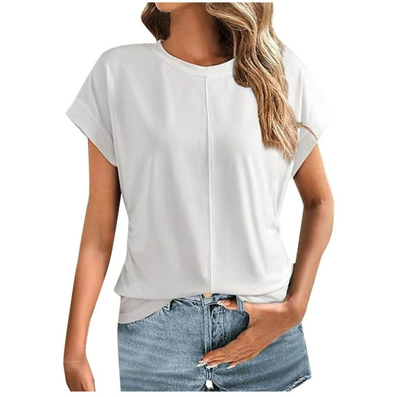 ABATAB Womens T-Shirt Casual Crew Neck Short Sleeve Side Shirring Blouses Clothes Solid Loose Fitted Fashion Tops