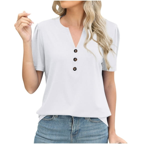 ABATAB Womens Tops Short Sleeve Casual Button Down Shirts Fashion Loose Fit V-Neck Summer Blouses