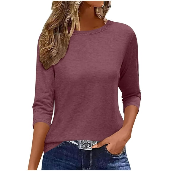 ABATAB Womens Tops 3/4 Sleeve Solid Color Shirts Fall Clothes Business Work Casual Dressy Tees Loose Fit Basic Ladies Blouses(Medium,Purple)