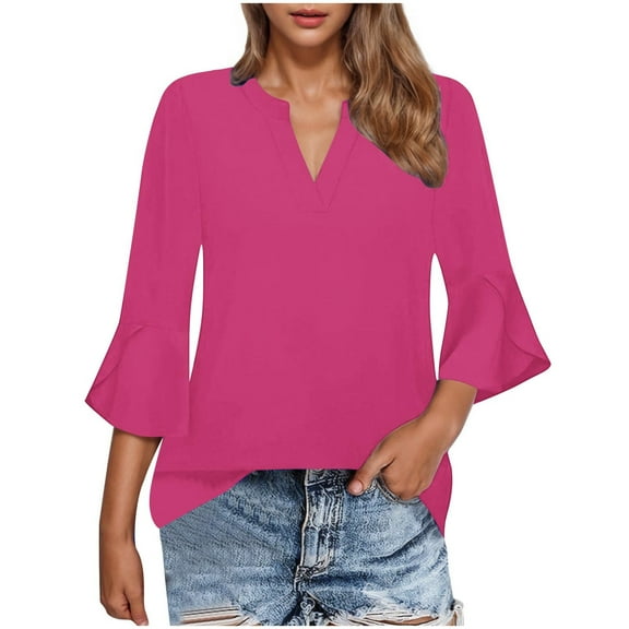 ABATAB Womens Tops Dressy Casual 3/4 Tiered Bell Sleeve Blouses Double Layered Elegant V-Neck Business Work Tunic Shirts(Large,Pink)