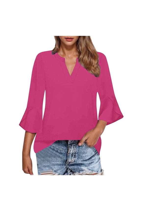 Womens Tops Dressy Casual 3/4 Tiered Bell Sleeve Blouses Double Layered Elegant V-Neck Business Work Tunic Shirts(Medium,Pink)