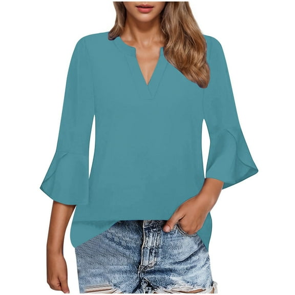 ABATAB Womens Tops Dressy Casual 3/4 Tiered Bell Sleeve Blouses Double Layered Elegant V-Neck Business Work Tunic Shirts(X-Large,Sky Blue)